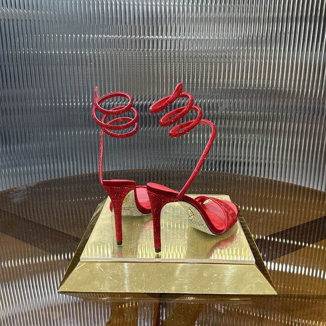 RENE CAOVILLA 26S TWISTED-STRAP HIGH-HEEL SANDALS 100 MM IN RED MESH AND LAMBSKIN