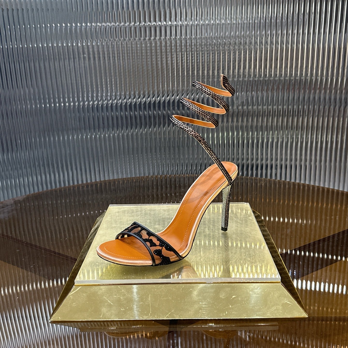 RENE CAOVILLA 26S TWISTED-STRAP HIGH-HEEL SANDALS 100 MM IN BLACK MESH AND BROWN LAMBSKIN