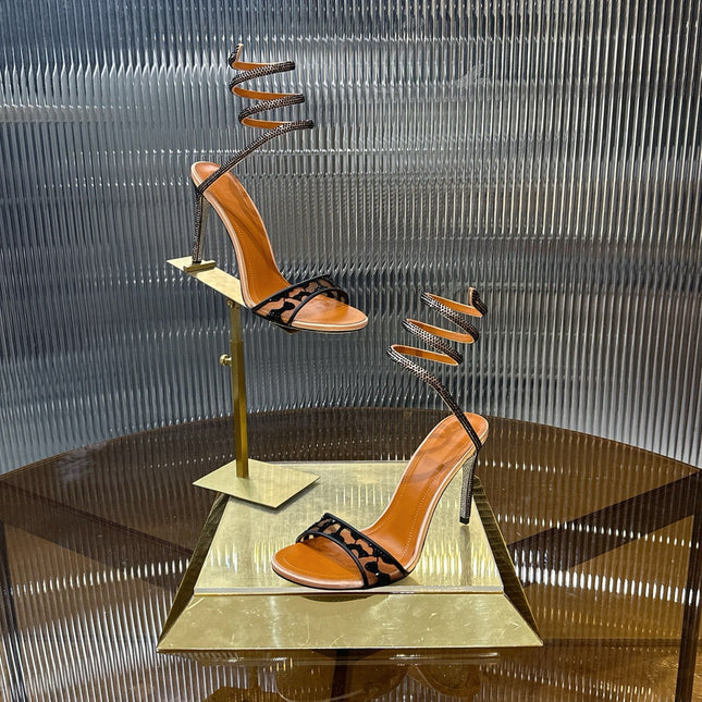 RENE CAOVILLA 26S TWISTED-STRAP HIGH-HEEL SANDALS 100 MM IN BLACK MESH AND BROWN LAMBSKIN