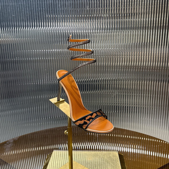 RENE CAOVILLA 26S TWISTED-STRAP HIGH-HEEL SANDALS 100 MM IN BLACK MESH AND BROWN LAMBSKIN