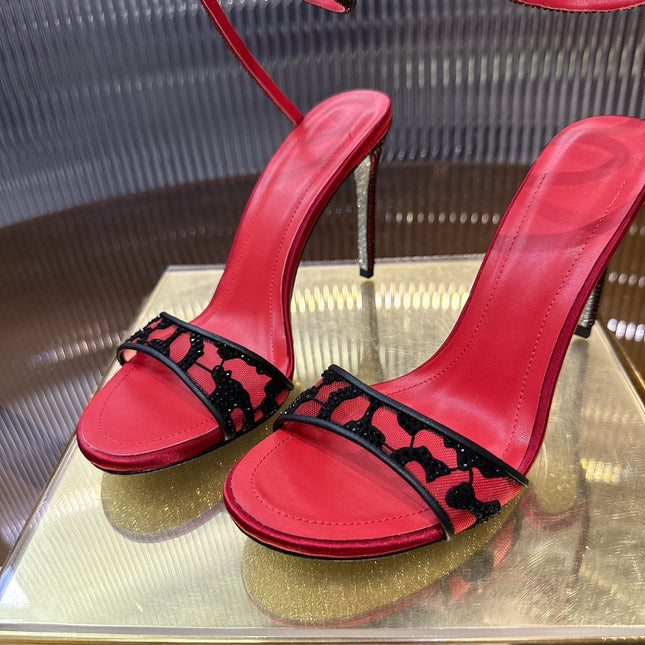 RENE CAOVILLA 26S TWISTED-STRAP HIGH-HEEL SANDALS 100 MM IN BLACK MESH AND RED LAMBSKIN