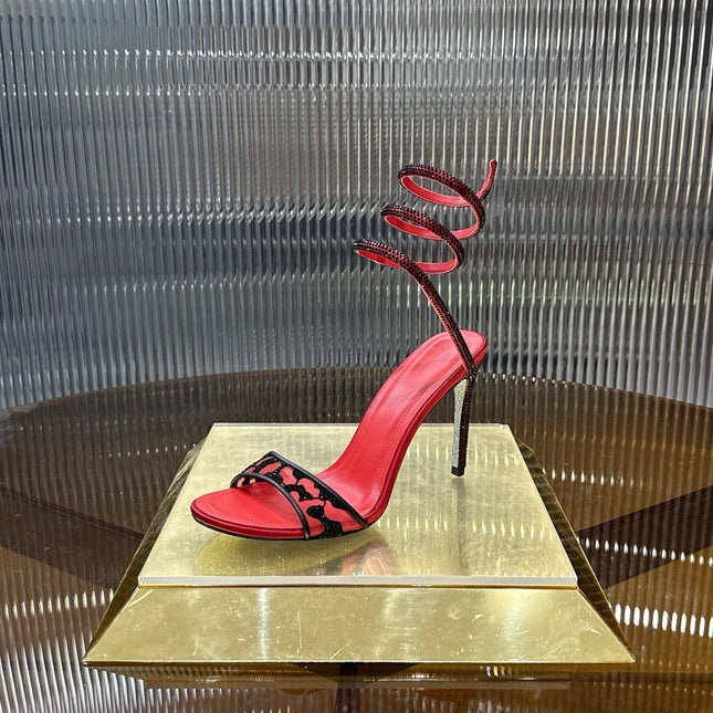 RENE CAOVILLA 26S TWISTED-STRAP HIGH-HEEL SANDALS 100 MM IN BLACK MESH AND RED LAMBSKIN