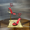 RENE CAOVILLA 26S TWISTED-STRAP HIGH-HEEL SANDALS 100 MM IN BLACK MESH AND RED LAMBSKIN