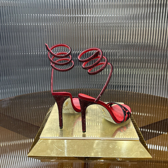 RENE CAOVILLA 26S TWISTED-STRAP HIGH-HEEL SANDALS 100 MM IN BLACK MESH AND RED LAMBSKIN