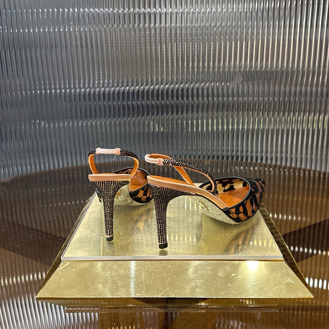 RENE CAOVILLA 26S HIGH-HEEL SLINGBACKS 100 MM IN BROWN MIX BLACK RHINESTONE MESH