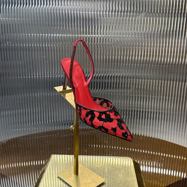 RENE CAOVILLA 26S HIGH-HEEL SLINGBACKS 100 MM IN RED MIX BLACK RHINESTONE MESH