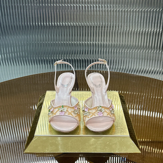 RENE CAOVILLA 26S HIGH-HEEL SANDALS 75 MM IN BEIGE LAMBSKIN FLOWER-EMBELLISHED