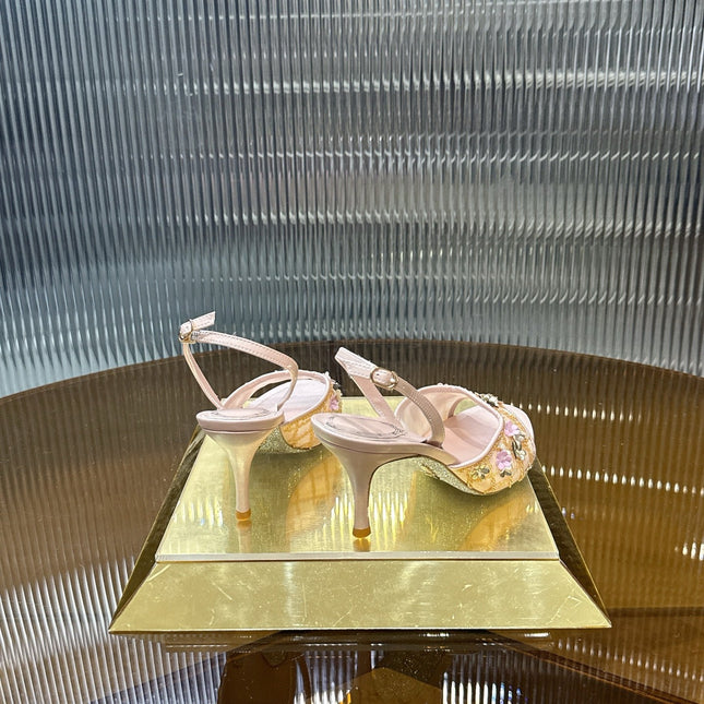 RENE CAOVILLA 26S HIGH-HEEL SANDALS 75 MM IN BEIGE LAMBSKIN FLOWER-EMBELLISHED