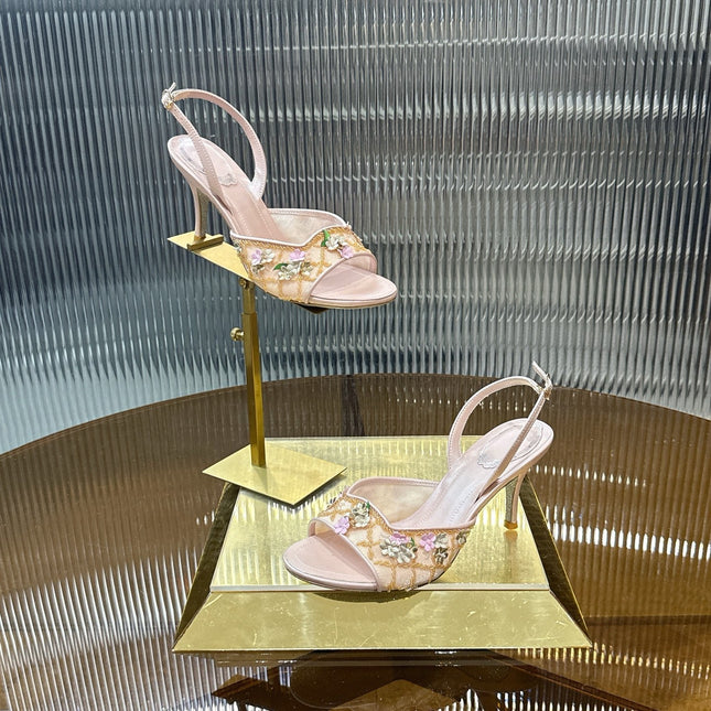 RENE CAOVILLA 26S HIGH-HEEL SANDALS 75 MM IN BEIGE LAMBSKIN FLOWER-EMBELLISHED