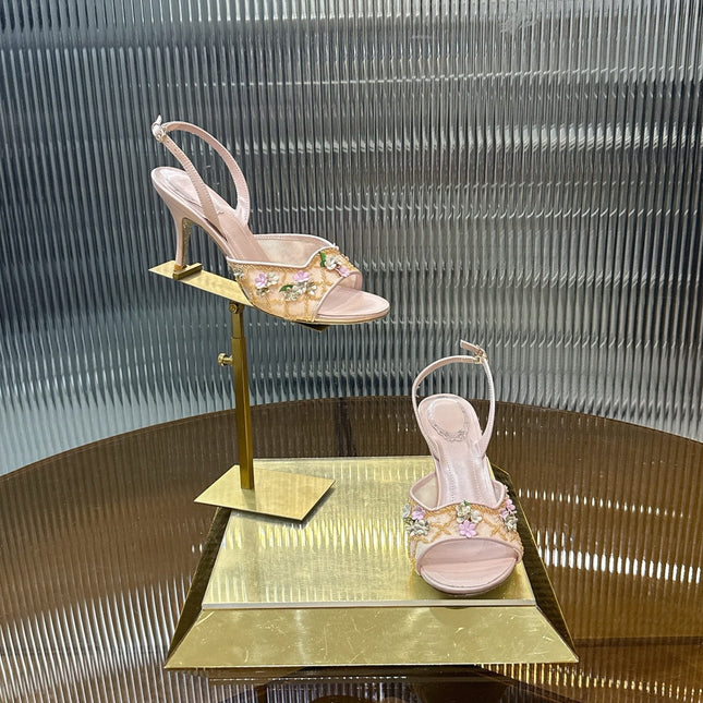 RENE CAOVILLA 26S HIGH-HEEL SANDALS 75 MM IN BEIGE LAMBSKIN FLOWER-EMBELLISHED