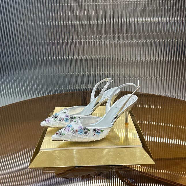 RENE CAOVILLA 26S HIGH-HEEL SLINGBACKS 75 MM IN WHITE MESH AND SILVER LAMBSKIN FLOWER-EMBELLISHED