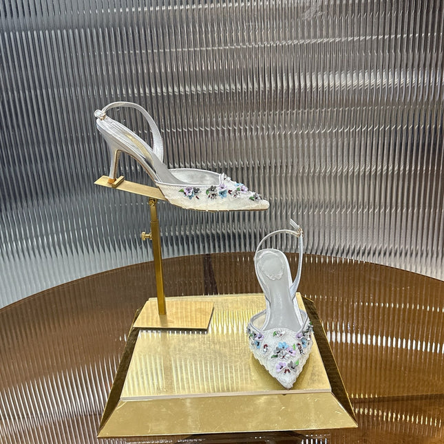 RENE CAOVILLA 26S HIGH-HEEL SLINGBACKS 75 MM IN WHITE MESH AND SILVER LAMBSKIN FLOWER-EMBELLISHED