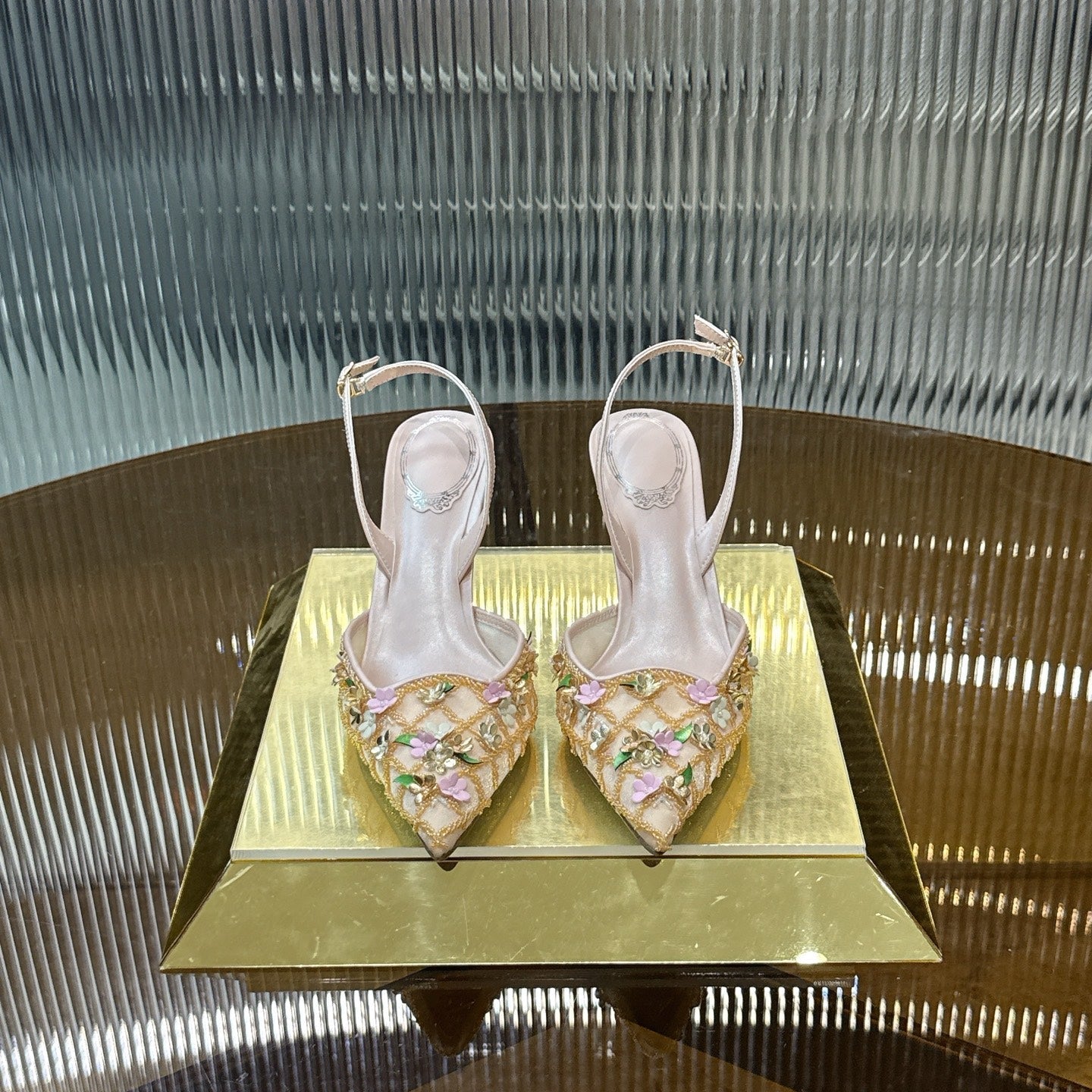RENE CAOVILLA 26S HIGH-HEEL SLINGBACKS 75 MM IN BEIGE LAMBSKIN FLOWER-EMBELLISHED