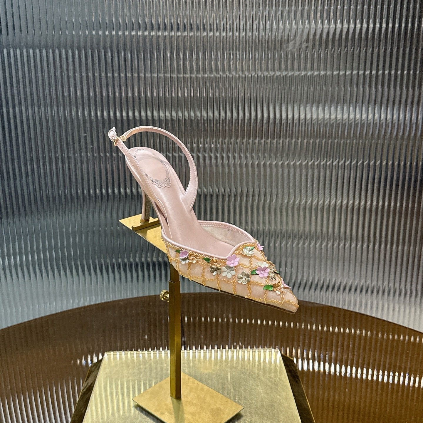 RENE CAOVILLA 26S HIGH-HEEL SLINGBACKS 75 MM IN BEIGE LAMBSKIN FLOWER-EMBELLISHED