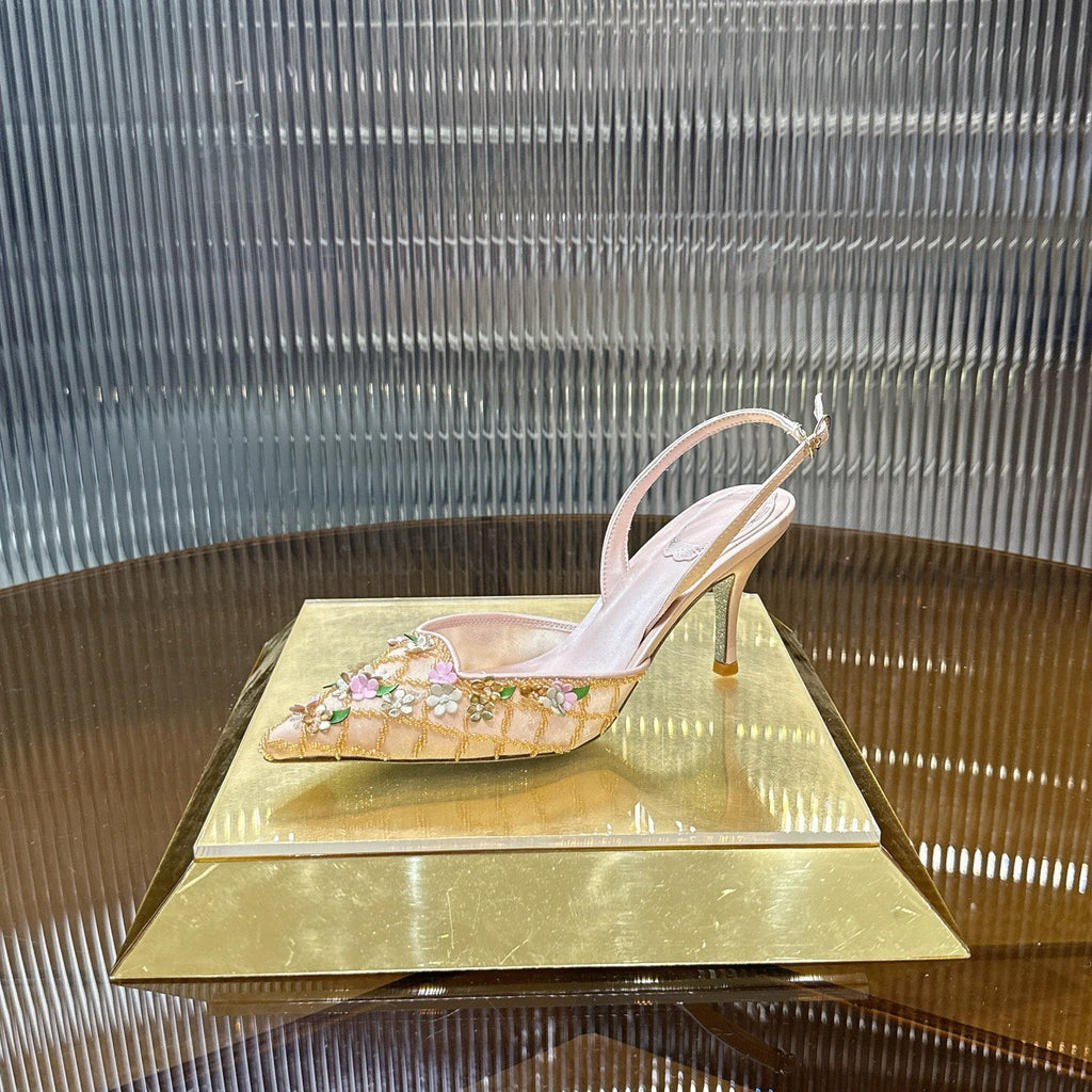 RENE CAOVILLA 26S HIGH-HEEL SLINGBACKS 75 MM IN BEIGE LAMBSKIN FLOWER-EMBELLISHED