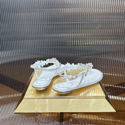 RENE CAOVILLA 26S EMBELLISHED THONG SANDALS IN WHITE LAMBSKIN