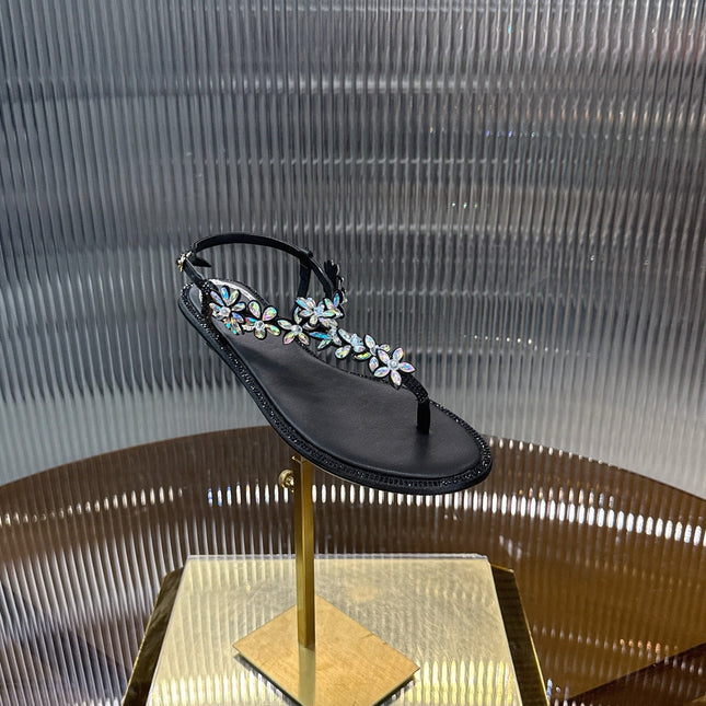 RENE CAOVILLA 26S EMBELLISHED THONG SANDALS IN BLACK LAMBSKIN