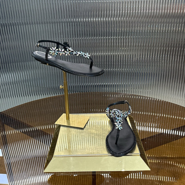 RENE CAOVILLA 26S EMBELLISHED THONG SANDALS IN BLACK LAMBSKIN