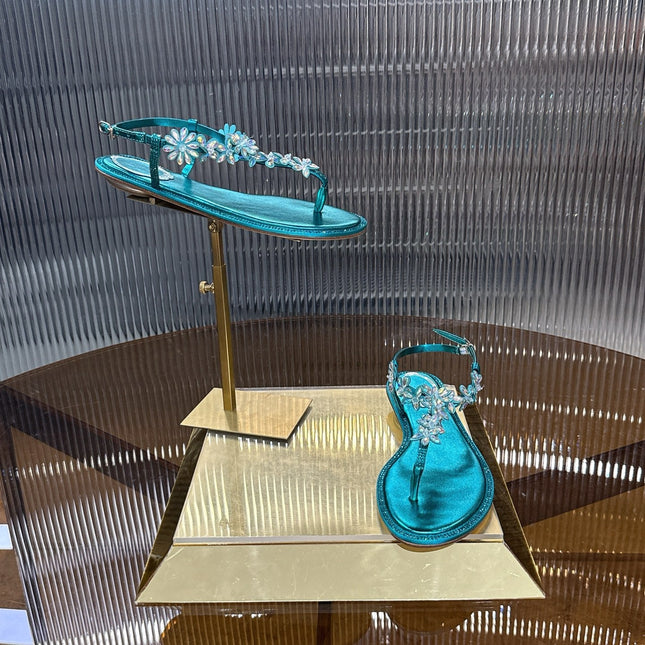 RENE CAOVILLA 26S EMBELLISHED THONG SANDALS IN OCEAN BLUE LAMBSKIN