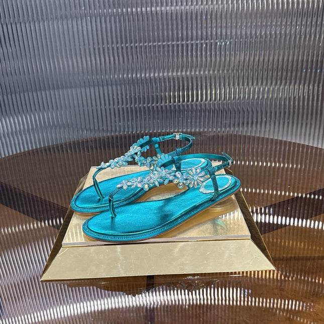 RENE CAOVILLA 26S EMBELLISHED THONG SANDALS IN OCEAN BLUE LAMBSKIN