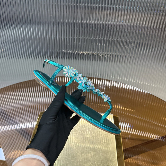 RENE CAOVILLA 26S EMBELLISHED THONG SANDALS IN OCEAN BLUE LAMBSKIN