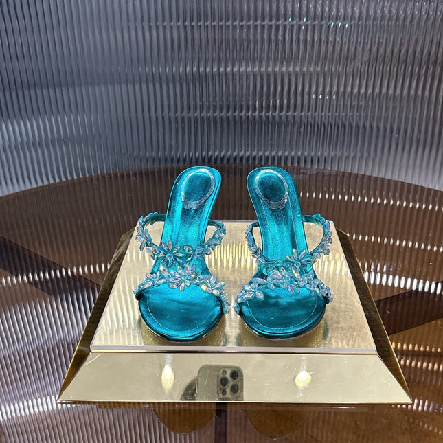 RENE CAOVILLA 26S HEEL SANDALS 75 MM IN OCEAN BLUE LAMBSKIN WITH CRYSTAL