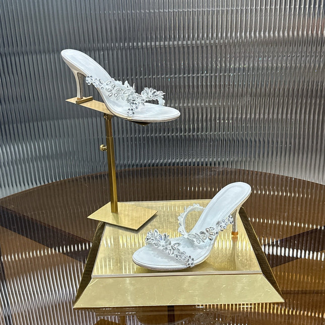 RENE CAOVILLA 26S HEEL SANDALS 75 MM IN WHITE LAMBSKIN WITH CRYSTAL STYLE 2