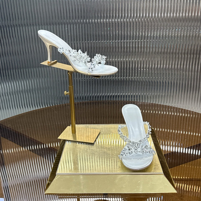RENE CAOVILLA 26S HEEL SANDALS 75 MM IN WHITE LAMBSKIN WITH CRYSTAL STYLE 2