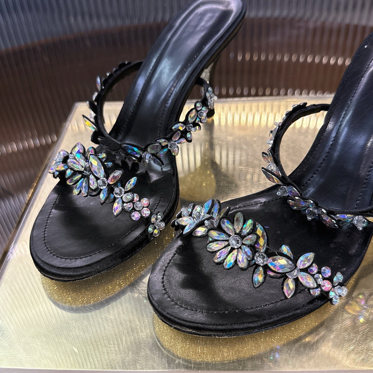RENE CAOVILLA 26S HEEL SANDALS 75 MM IN BLACK LAMBSKIN WITH CRYSTAL