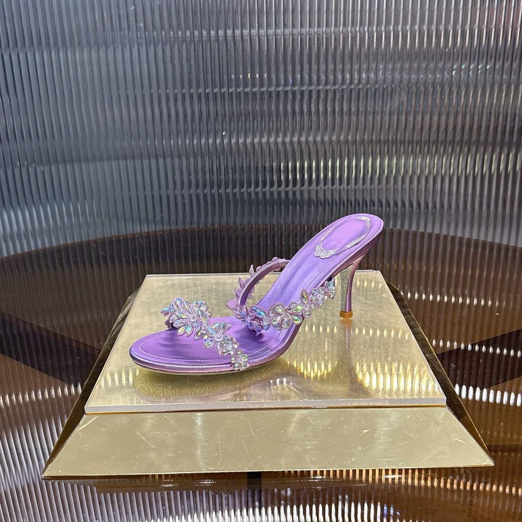 RENE CAOVILLA 26S HEEL SANDALS 75 MM IN PURPLE LAMBSKIN WITH CRYSTAL