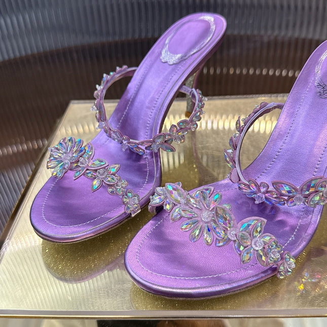 RENE CAOVILLA 26S HEEL SANDALS 75 MM IN PURPLE LAMBSKIN WITH CRYSTAL