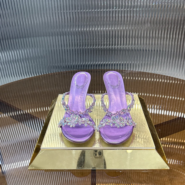 RENE CAOVILLA 26S HEEL SANDALS 75 MM IN PURPLE LAMBSKIN WITH CRYSTAL