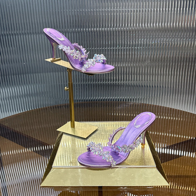 RENE CAOVILLA 26S HEEL SANDALS 75 MM IN PURPLE LAMBSKIN WITH CRYSTAL