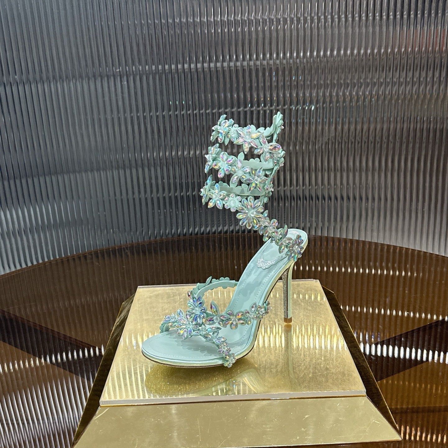 RENE CAOVILLA 26S HEELED SANDALS 100 MM IN PASTEL MINT GREEN LAMBSKIN