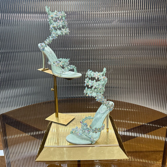 RENE CAOVILLA 26S HEELED SANDALS 100 MM IN PASTEL MINT GREEN LAMBSKIN