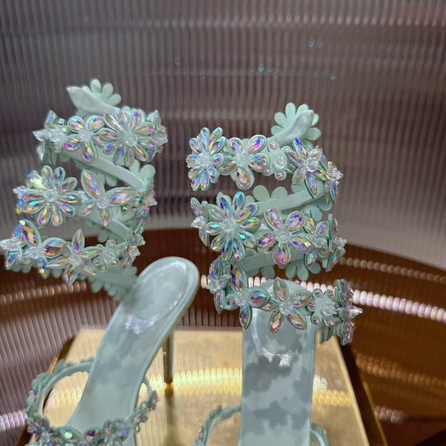 RENE CAOVILLA 26S HEELED SANDALS 100 MM IN PASTEL MINT GREEN LAMBSKIN