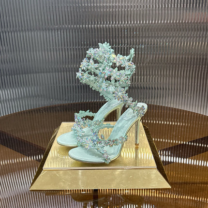 RENE CAOVILLA 26S HEELED SANDALS 100 MM IN PASTEL MINT GREEN LAMBSKIN