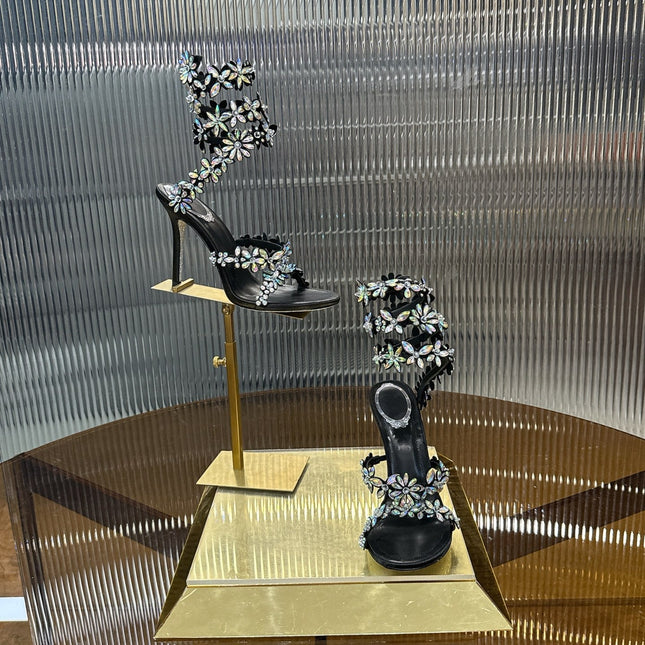 RENE CAOVILLA 26S HEELED SANDALS 100 MM IN BLACK LAMBSKIN