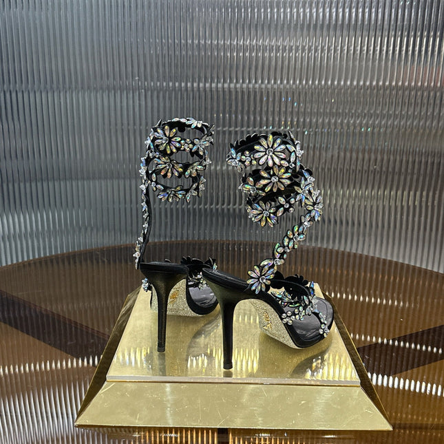 RENE CAOVILLA 26S HEELED SANDALS 100 MM IN BLACK LAMBSKIN