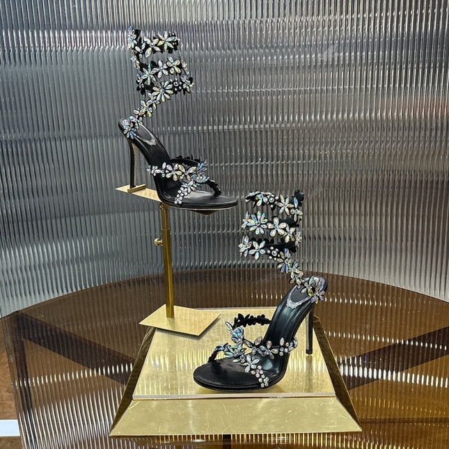 RENE CAOVILLA 26S HEELED SANDALS 100 MM IN BLACK LAMBSKIN