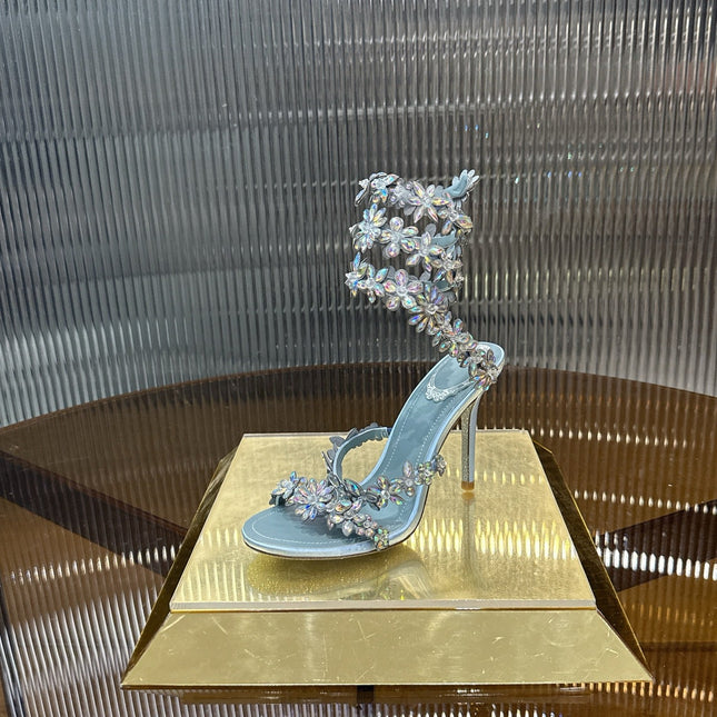 RENE CAOVILLA 26S HEELED SANDALS 100 MM IN LIGHT BLUE LAMBSKIN