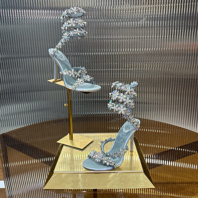 RENE CAOVILLA 26S HEELED SANDALS 100 MM IN LIGHT BLUE LAMBSKIN