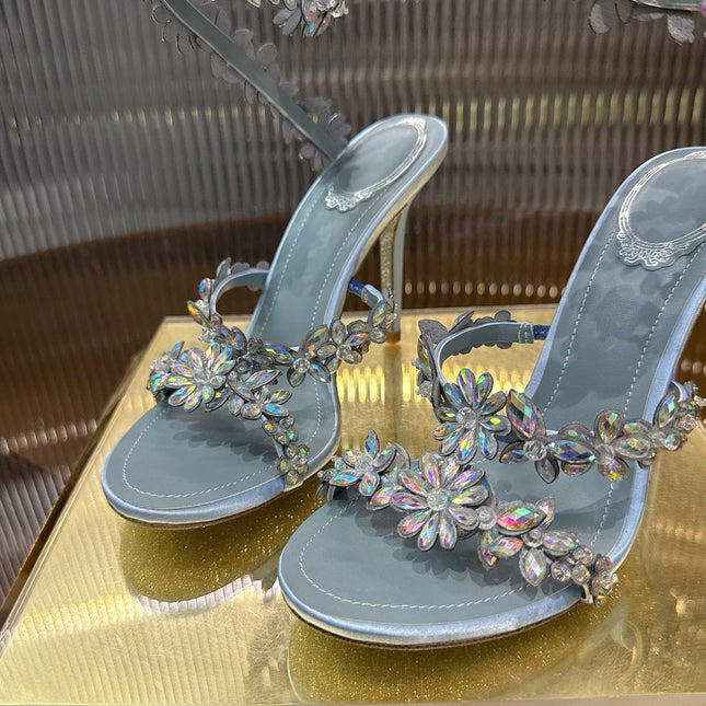 RENE CAOVILLA 26S HEELED SANDALS 100 MM IN LIGHT BLUE LAMBSKIN