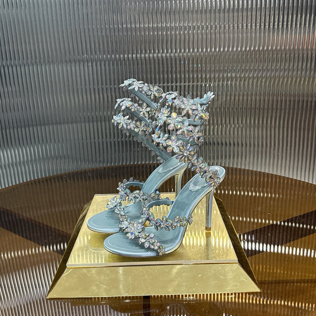RENE CAOVILLA 26S HEELED SANDALS 100 MM IN LIGHT BLUE LAMBSKIN
