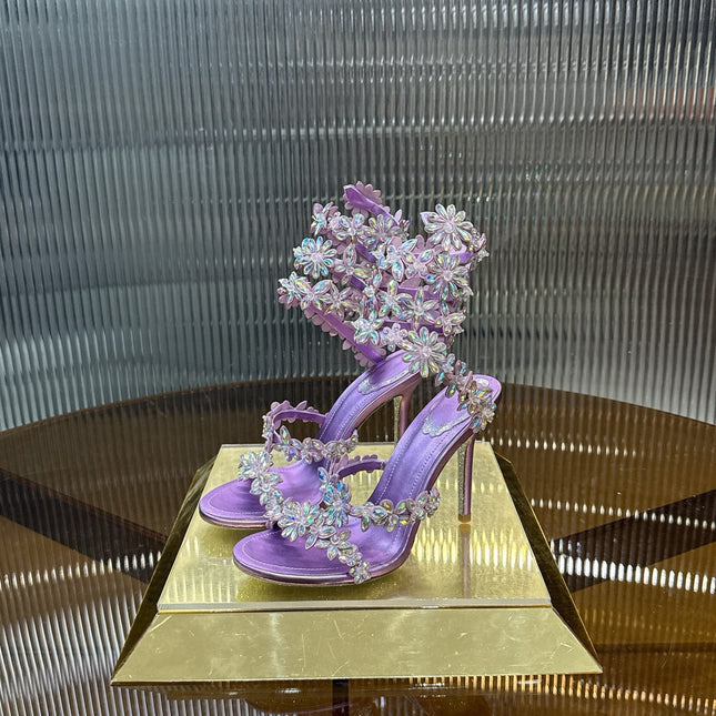 RENE CAOVILLA 26S HEELED SANDALS 100 MM IN PURPLE LAMBSKIN