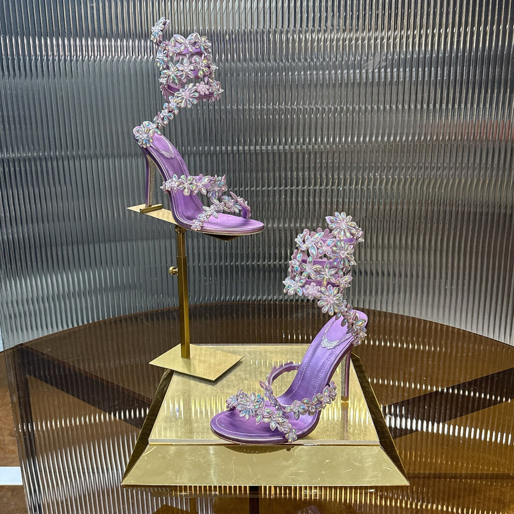 RENE CAOVILLA 26S HEELED SANDALS 100 MM IN PURPLE LAMBSKIN