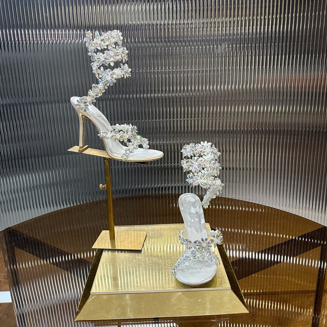 RENE CAOVILLA 26S HEELED SANDALS 100 MM IN WHITE LAMBSKIN