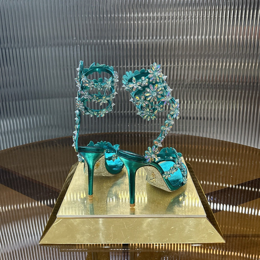 RENE CAOVILLA 26S HEELED SANDALS 100 MM IN JADE GREEN LAMBSKIN