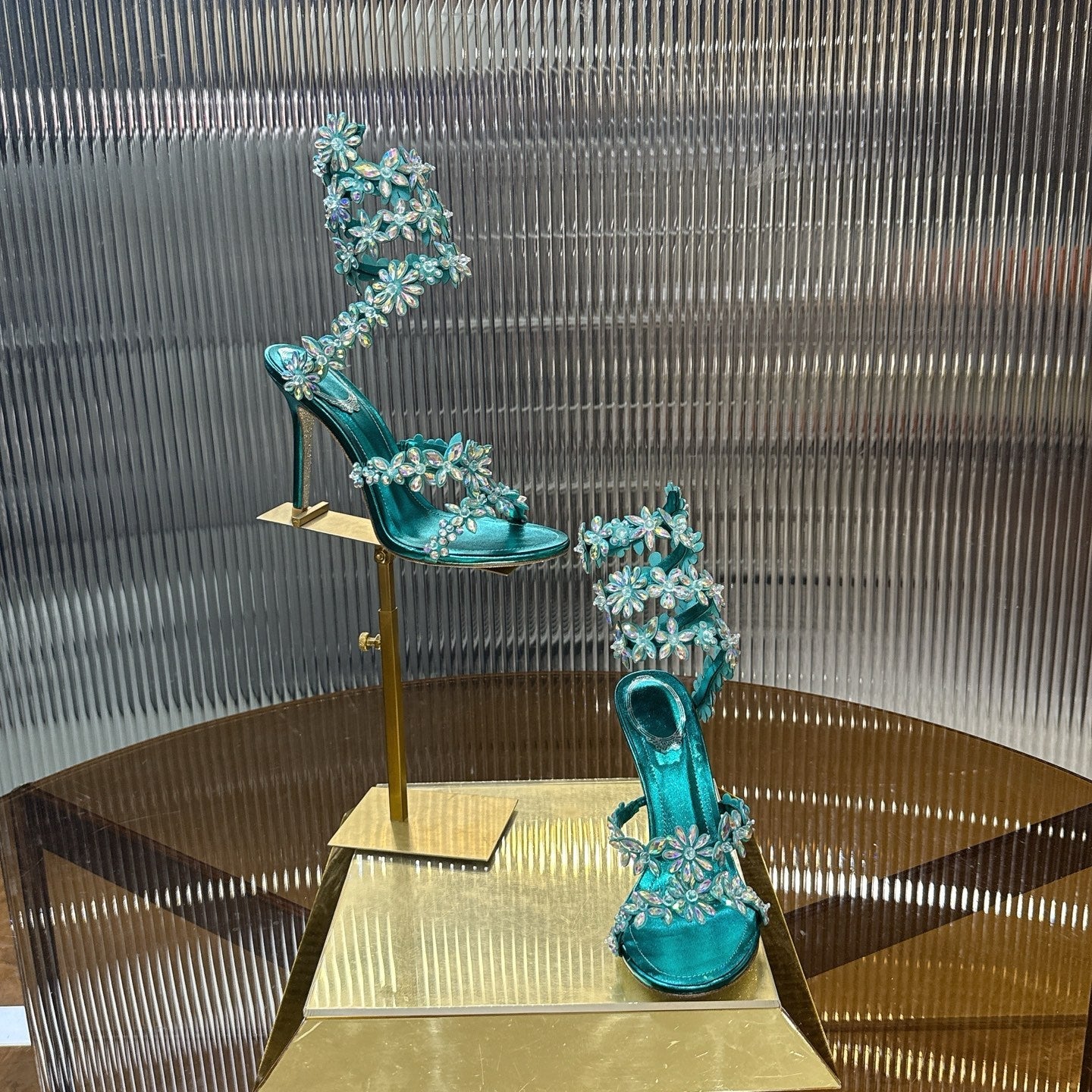 RENE CAOVILLA 26S HEELED SANDALS 100 MM IN JADE GREEN LAMBSKIN