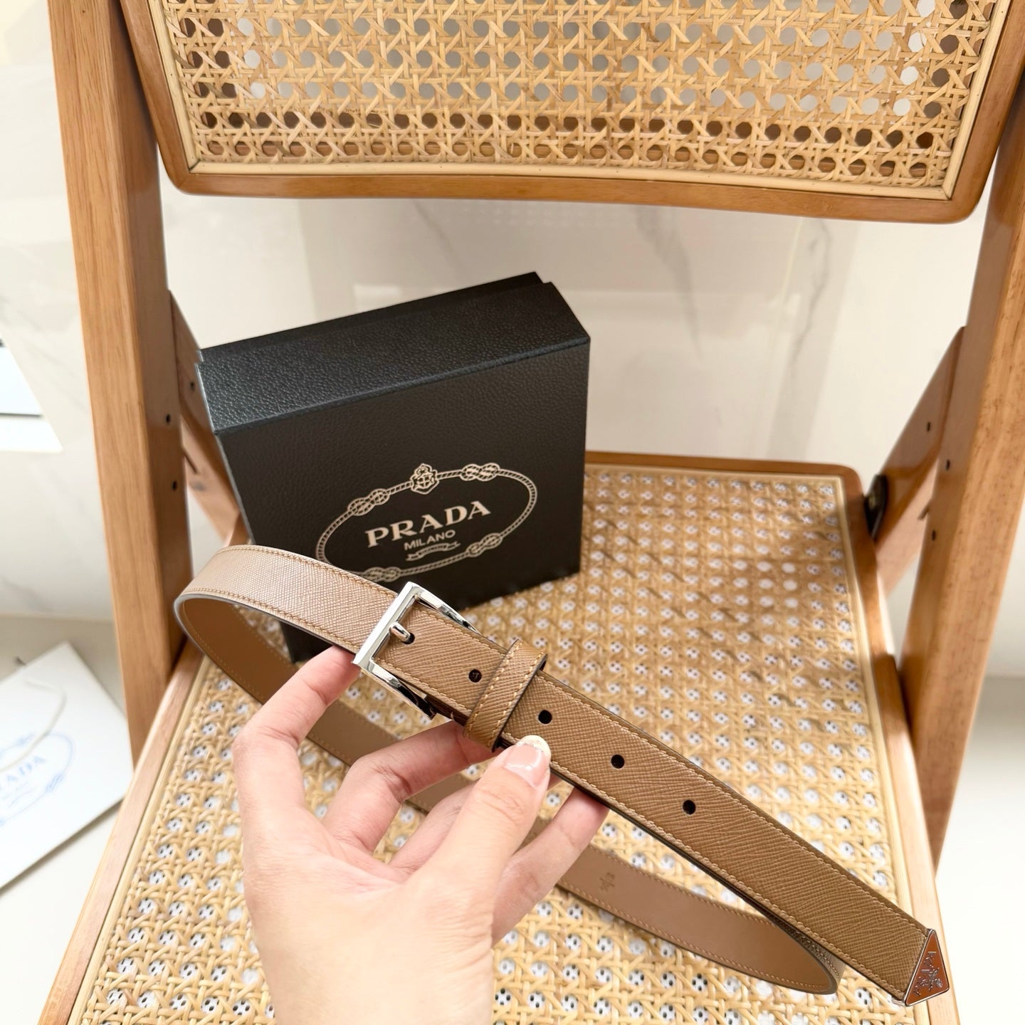 PRADA 25S BELT 25 MM IN LIGHT BROWN CALFSKIN 542647